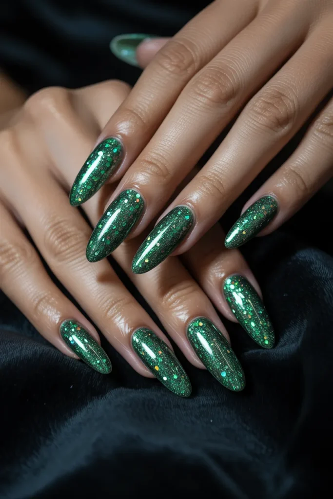 20. Glitter Green Ombre with Silver Tips