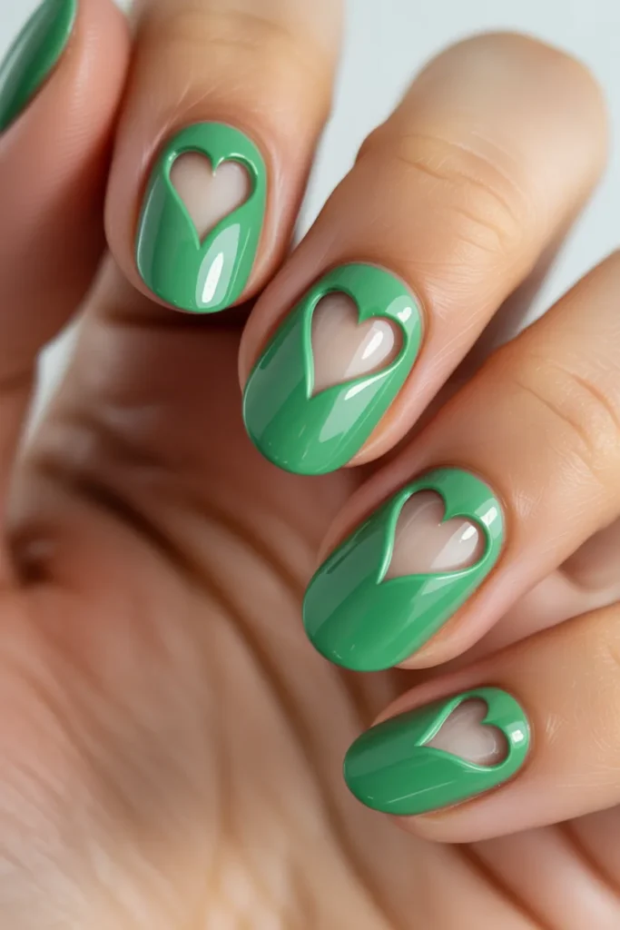 20. Green Gel Nails with Negative Space Hearts