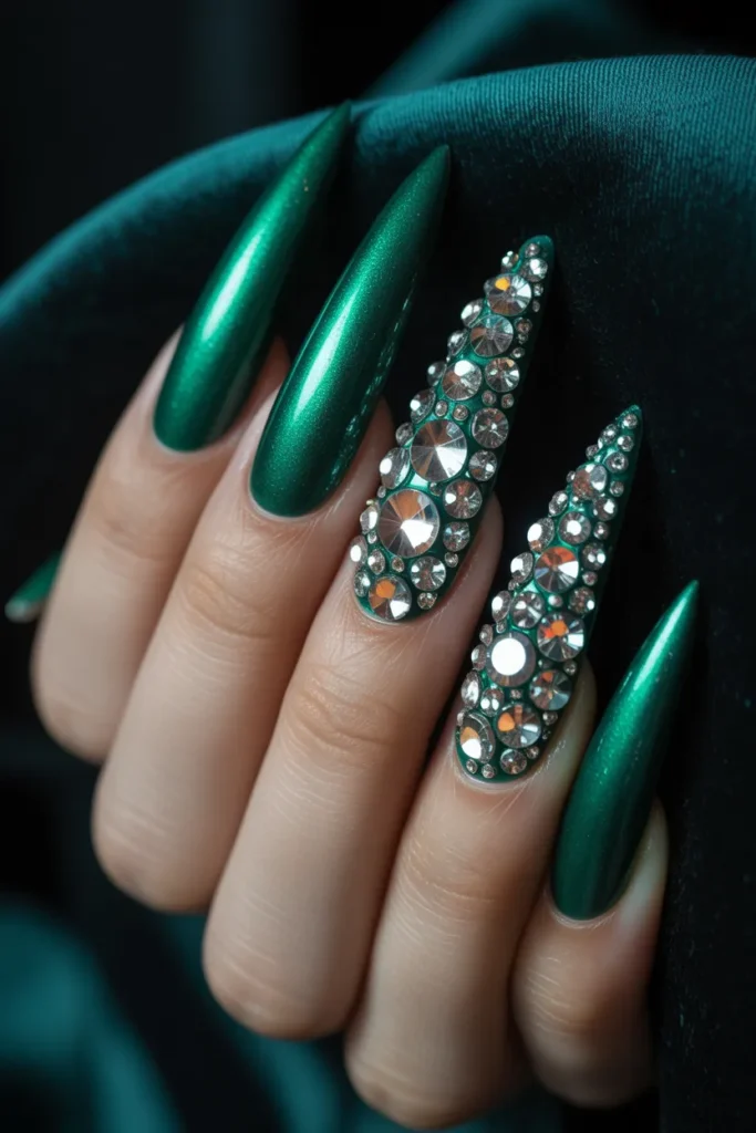 20. Green Stiletto Nails with Rhinestones