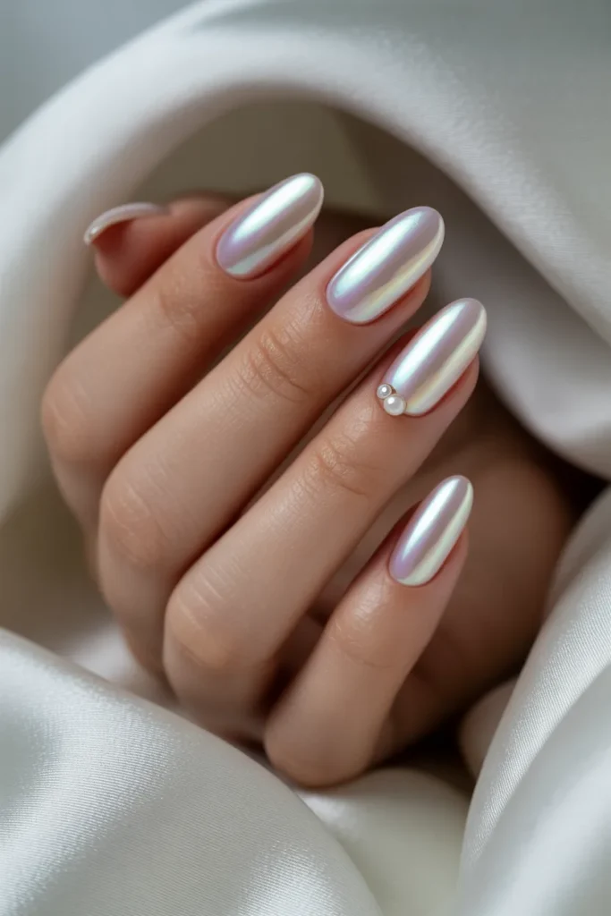 20. Iridescent Pearl Almond Nails