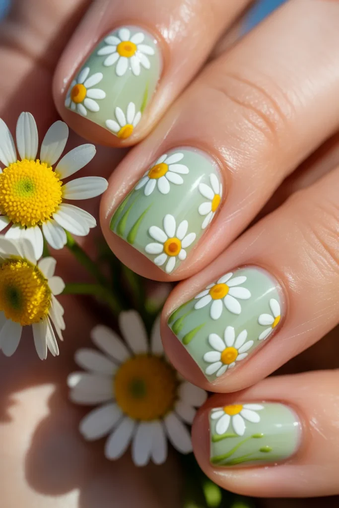 20. Pastel Green Daisy Nails