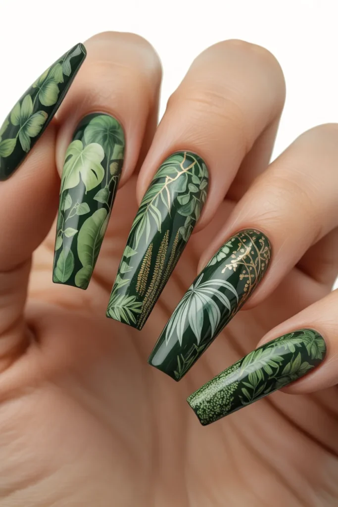 21. Full Green Maximalist Botanical Nails