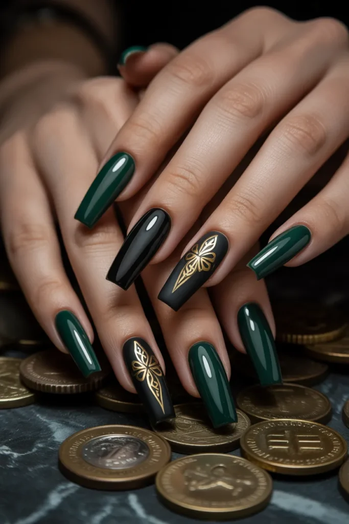 21. Green and Black Gothic St. Patricks Day Nails