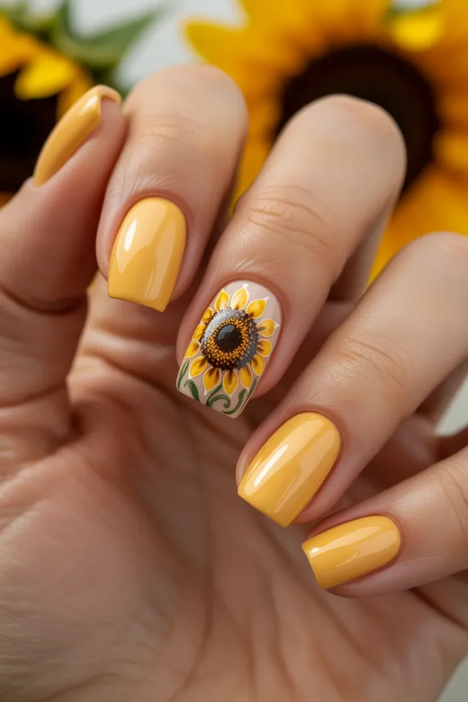 21. Nail Art with Flower — Sunflower Accent Nails