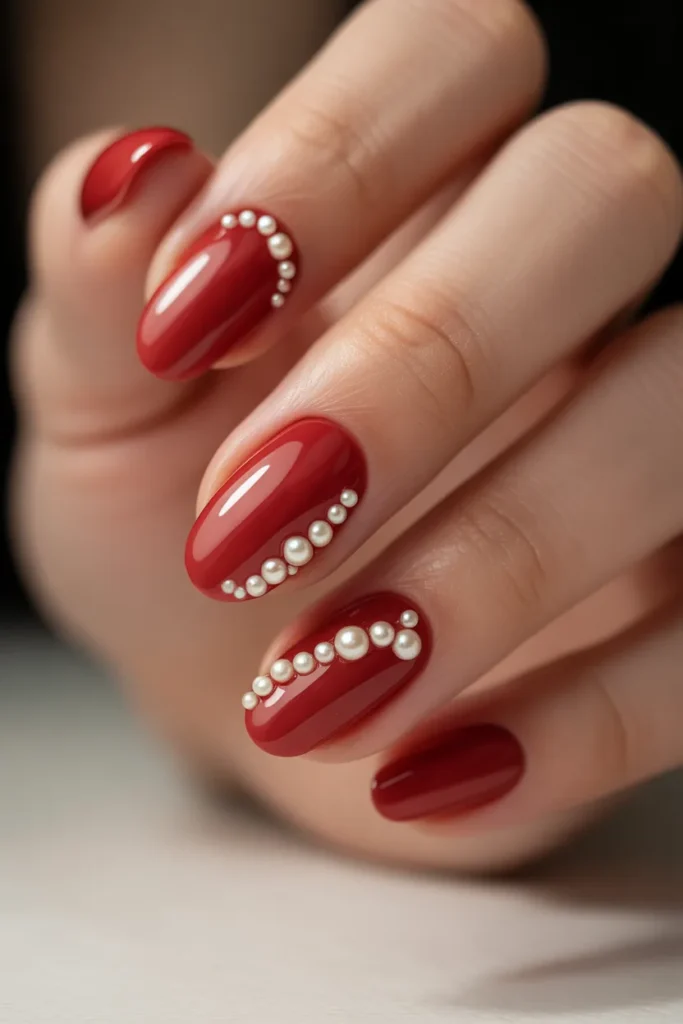 21. Red Nails with Pearls
