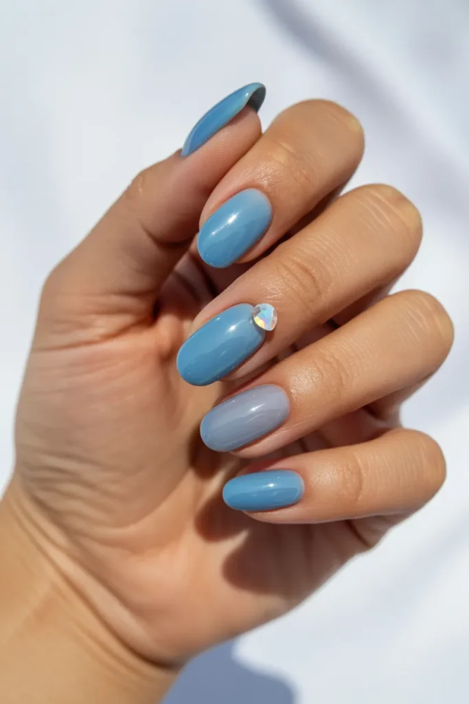 21. Simple Blue Almond Nails — Sky Jelly