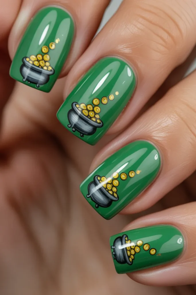 21. Tiny Pot of Gold Nail Art on Green Acrylics