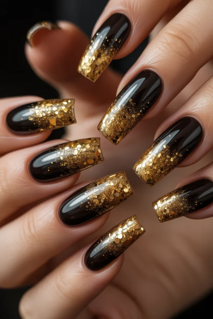 22. Black Acrylic Nails with Gold Glitter Ombre
