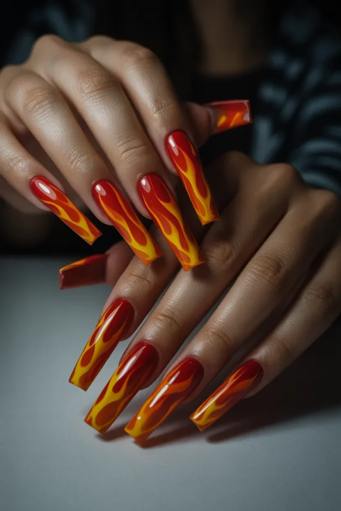 22. Fire Red Nail Art Flame Design