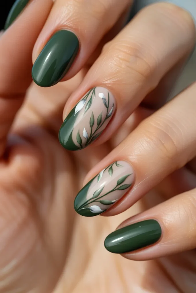 22. Green Leaf Negative Space Almond Nails