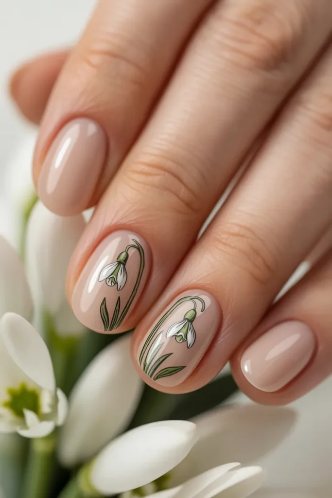 22. Late Winter Early Spring Nails — Nude with Snowdrop Art