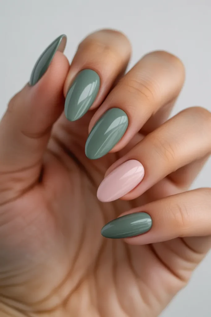 22. Pastel Sage and Blush Rose Nails 1