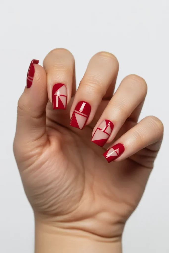 22. Red Square Nails with Floral Nail Art