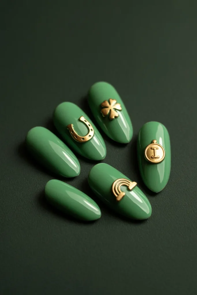 22. St. Patricks Day Gel Nails with Micro Charm Art