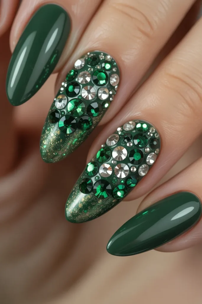23 Green Glitter Rhinestone Luxury Nails