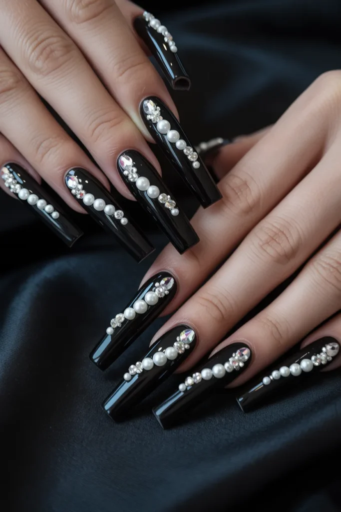 23. Black Coffin Nails with Pearl and Crystal Detail
