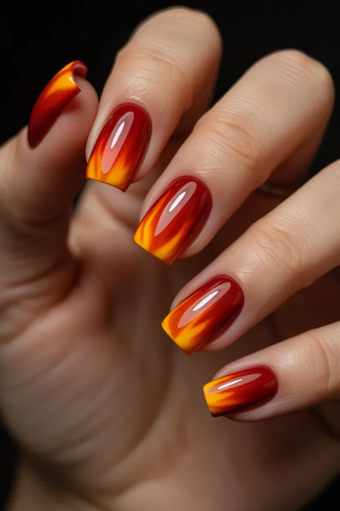 23. Fire Inspired Red and Orange Square Nails