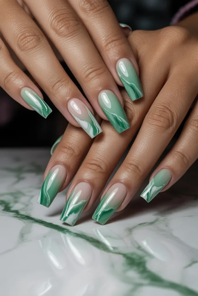 23. Green Ombre Marble Nails