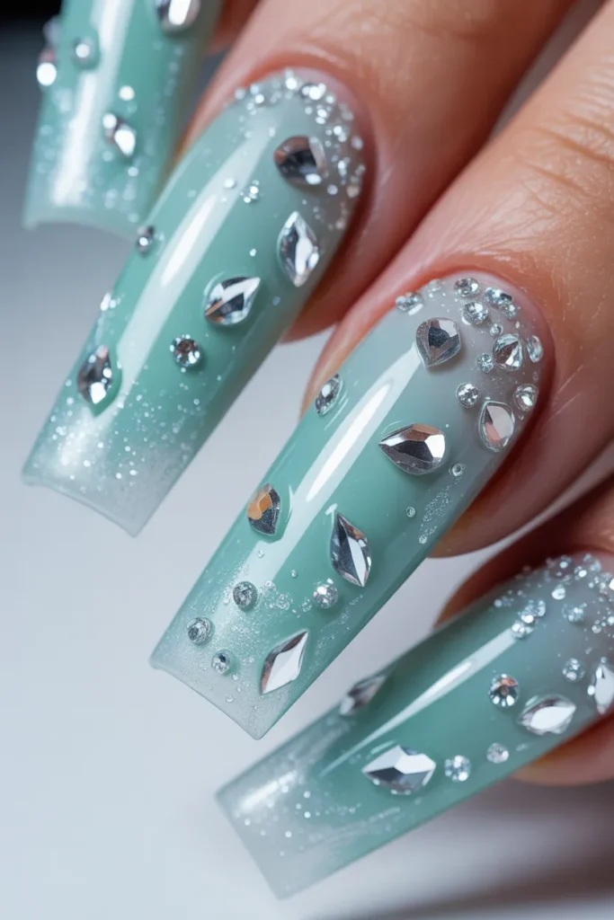 23. Icy Mint Gel Nails with Crystal Embellishments