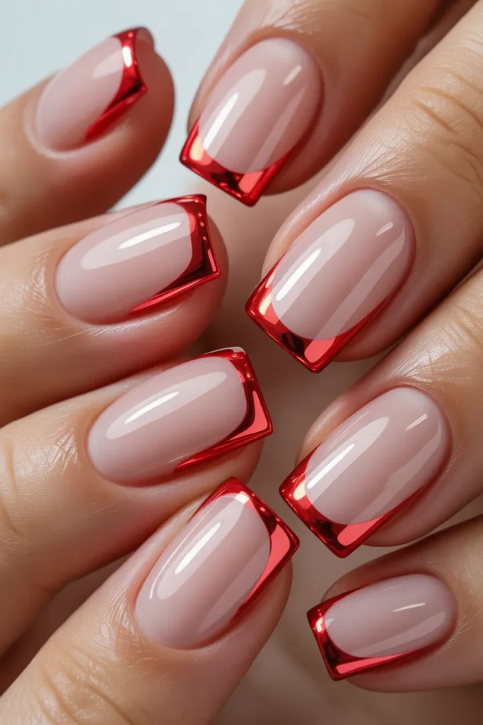 23. Red Chrome Tip Nails