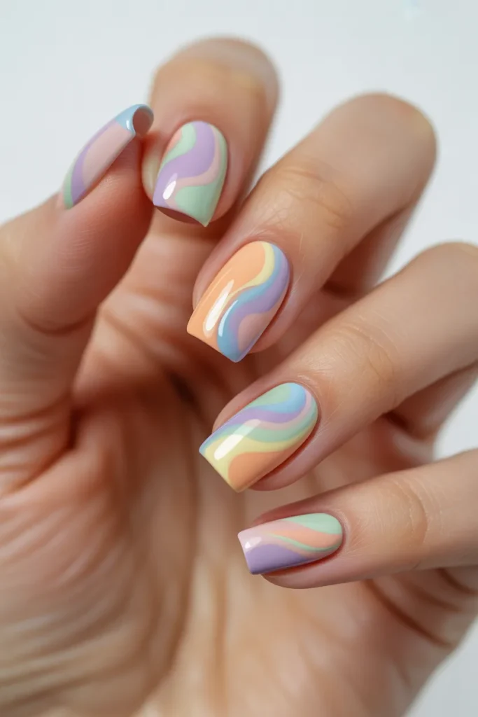 23. Spring Pastels — Rainbow Pastel Swirl Nails