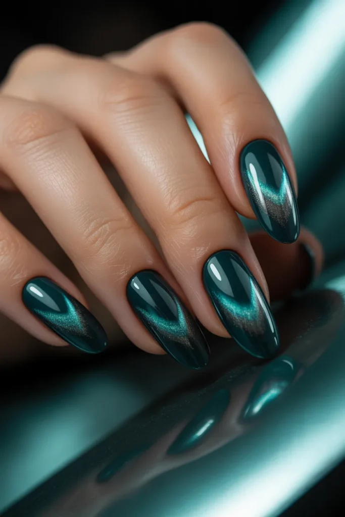 24. Cat Eye Teal Almond Nails — Nail Cateye Design