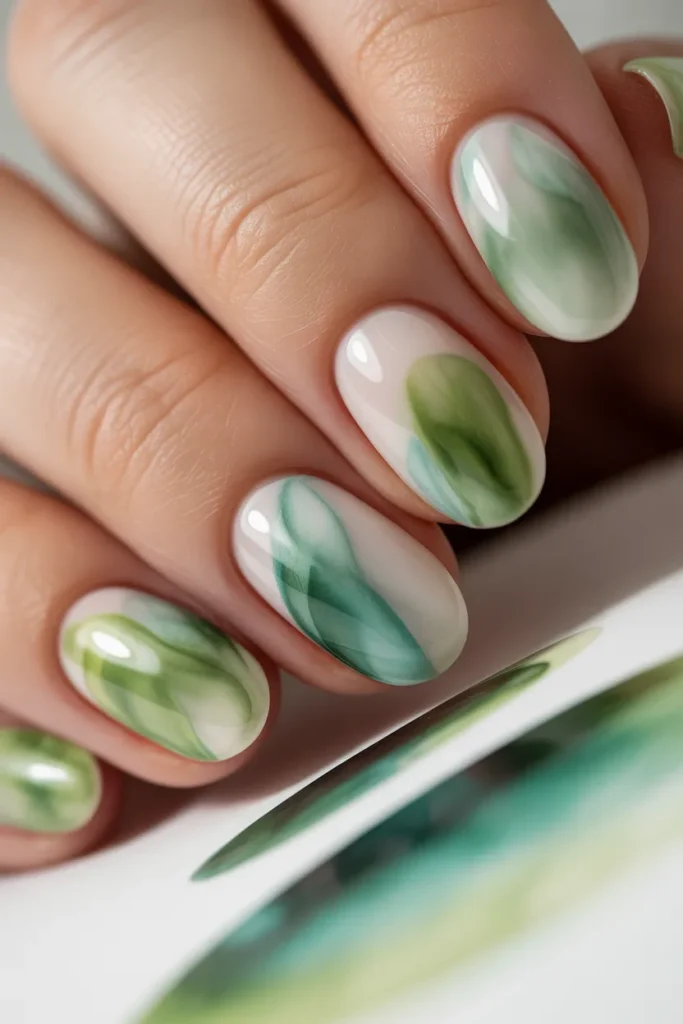 24. Green Gel Nails with Abstract Watercolour Art