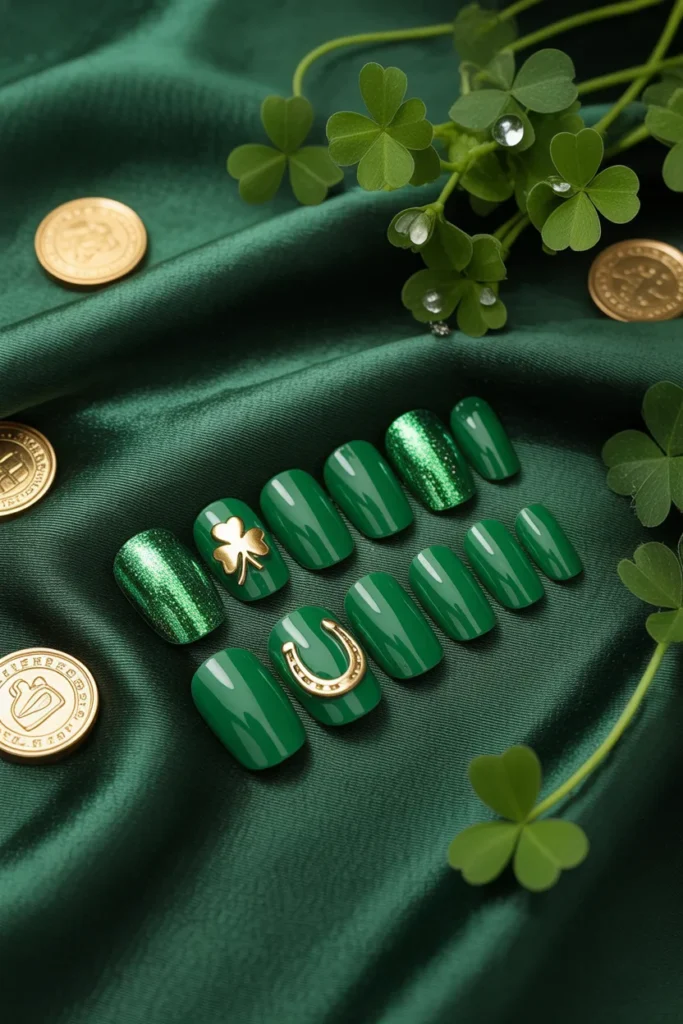 24. Green Press On Nails with Clover Art 1