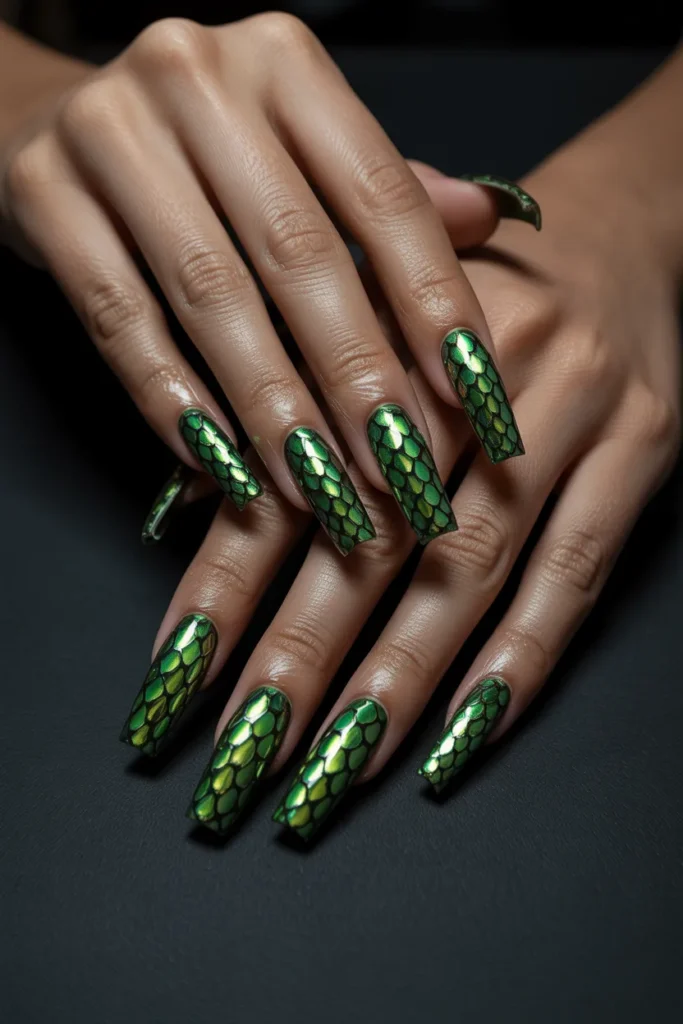24. Green Snake Skin Texture Acrylic Nails