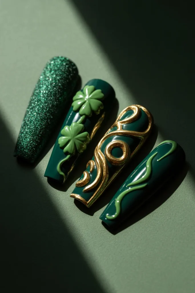 25 Mixed Green Textured 3D Nails