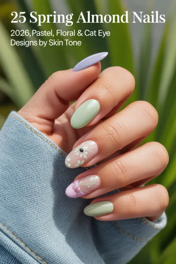 25 Spring Almond Nails 2026 Pastel Floral Cat Eye Designs by Skin Tone 2
