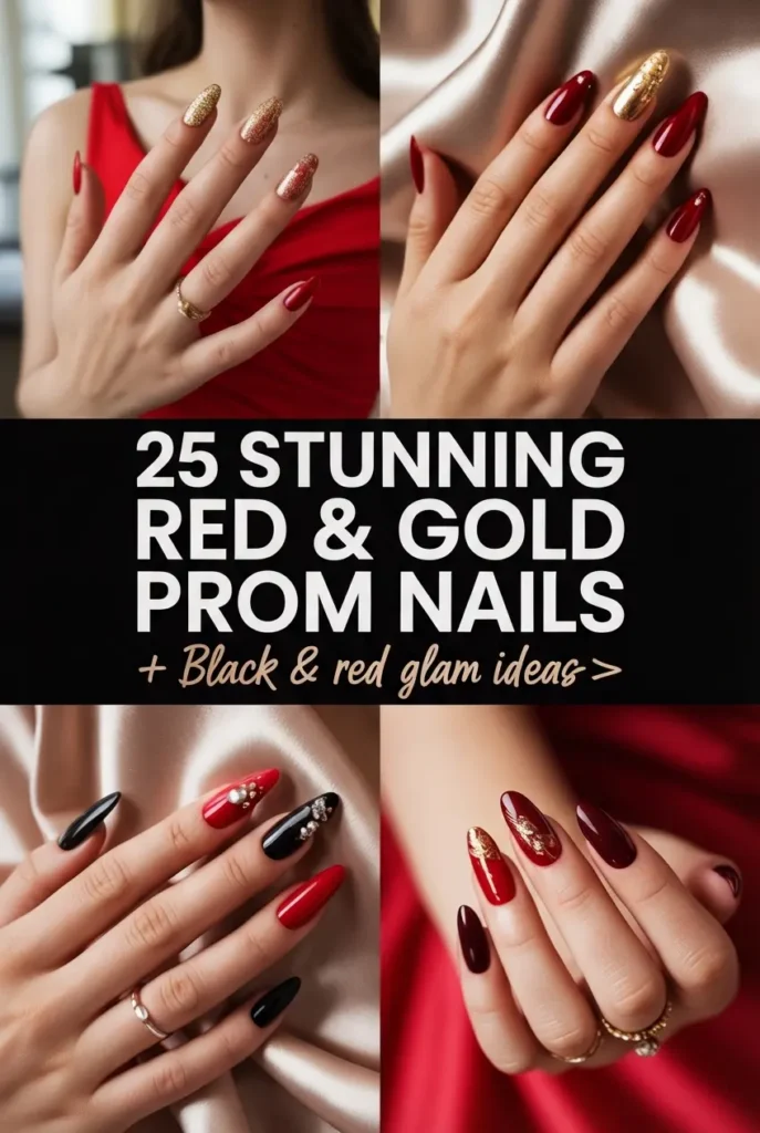 25 Stunning Red Gold Prom Nails Black and Red Glam Ideas