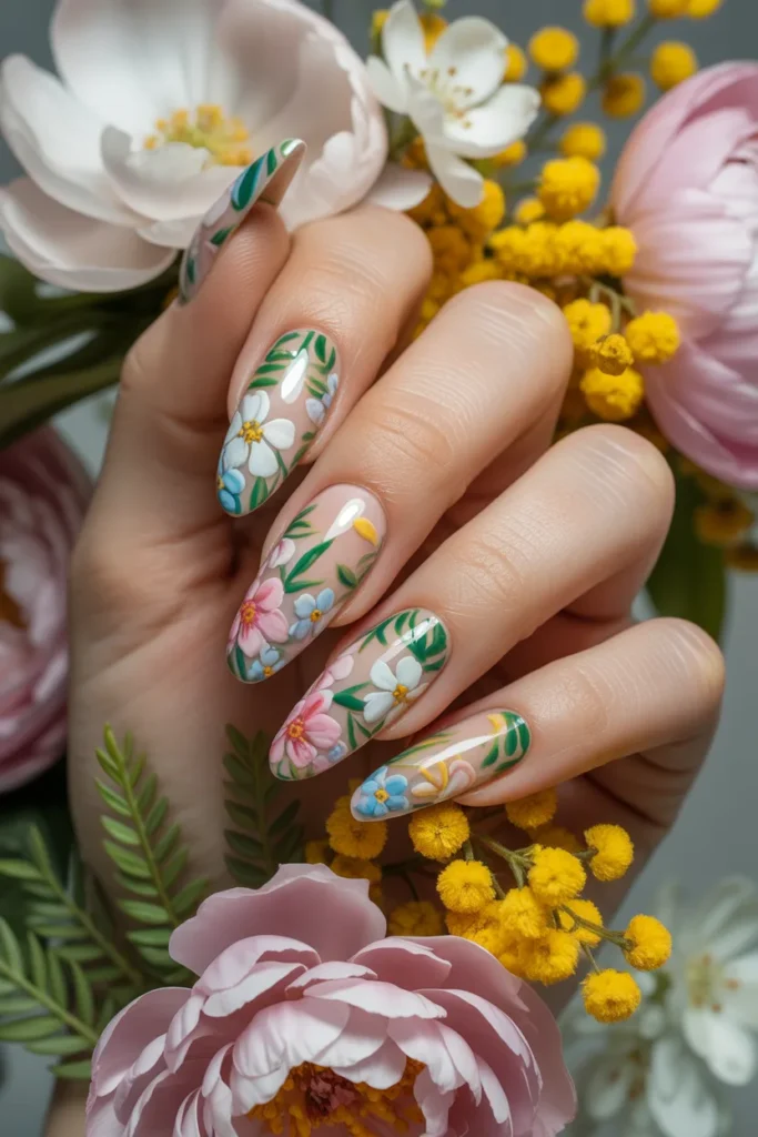 25. Full Bloom Maximalist Spring Almond Nails