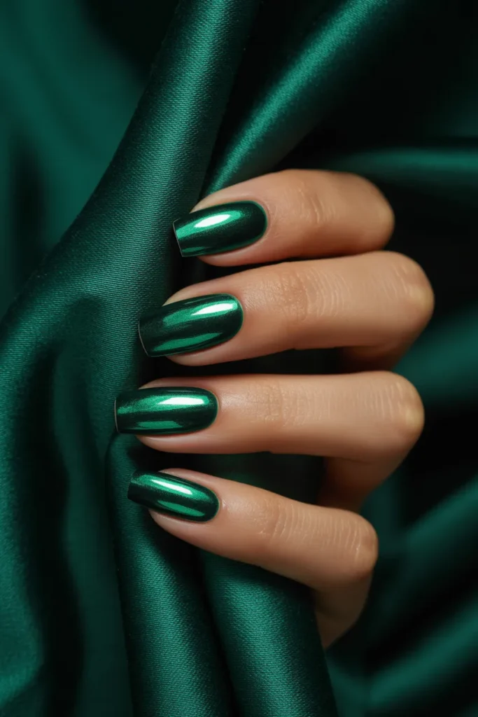 25. Green Spring — Emerald Chrome Statement Nails