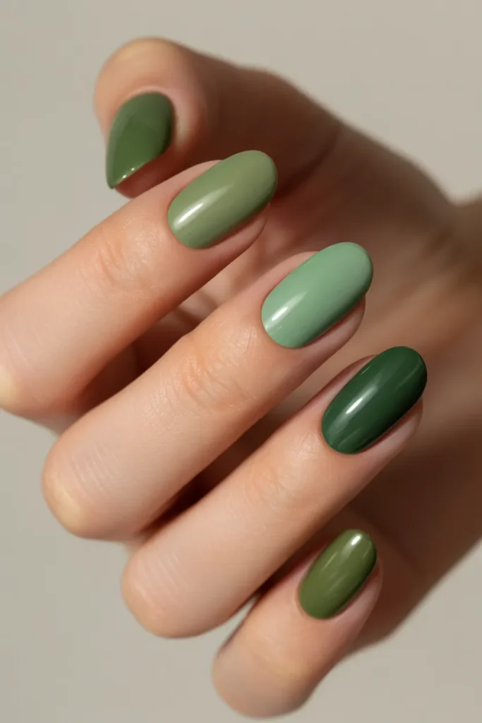 25. Mixed Green Tonal Minimalist Acrylic Nails