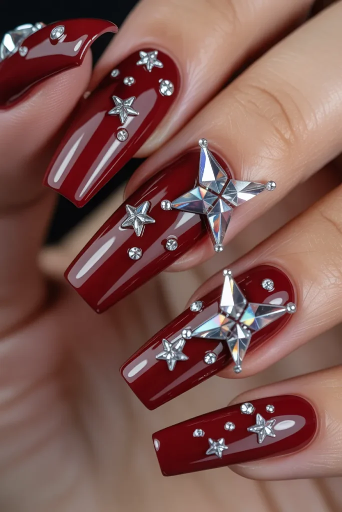 25. Red Nails with Diamante Stars