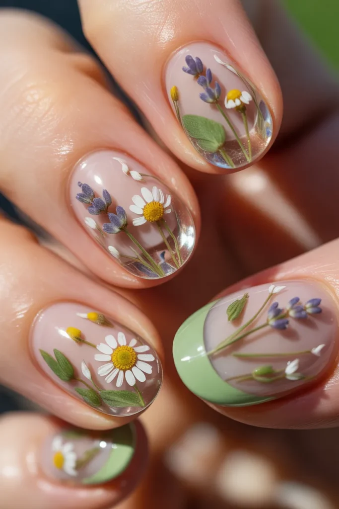 25. Soft Green French Tips with Dried Flower Encapsulation