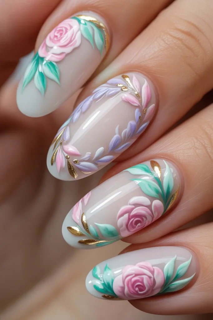 25. Soft Pastel Floral Wreath Full Nail Art