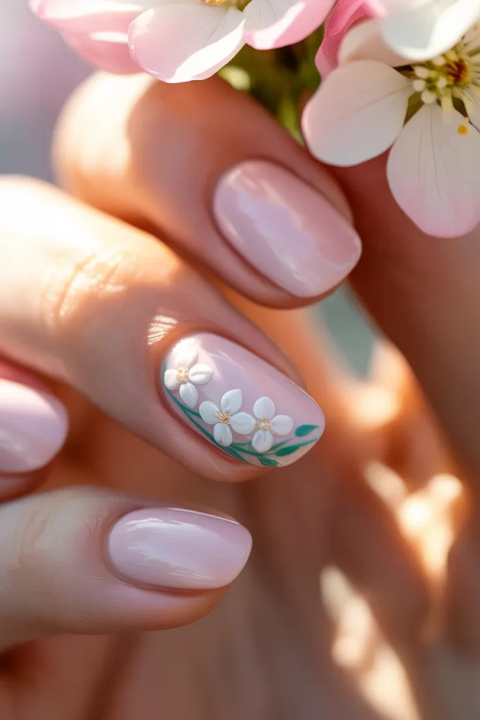 3. Baby Pink Nails with White Floral Detail