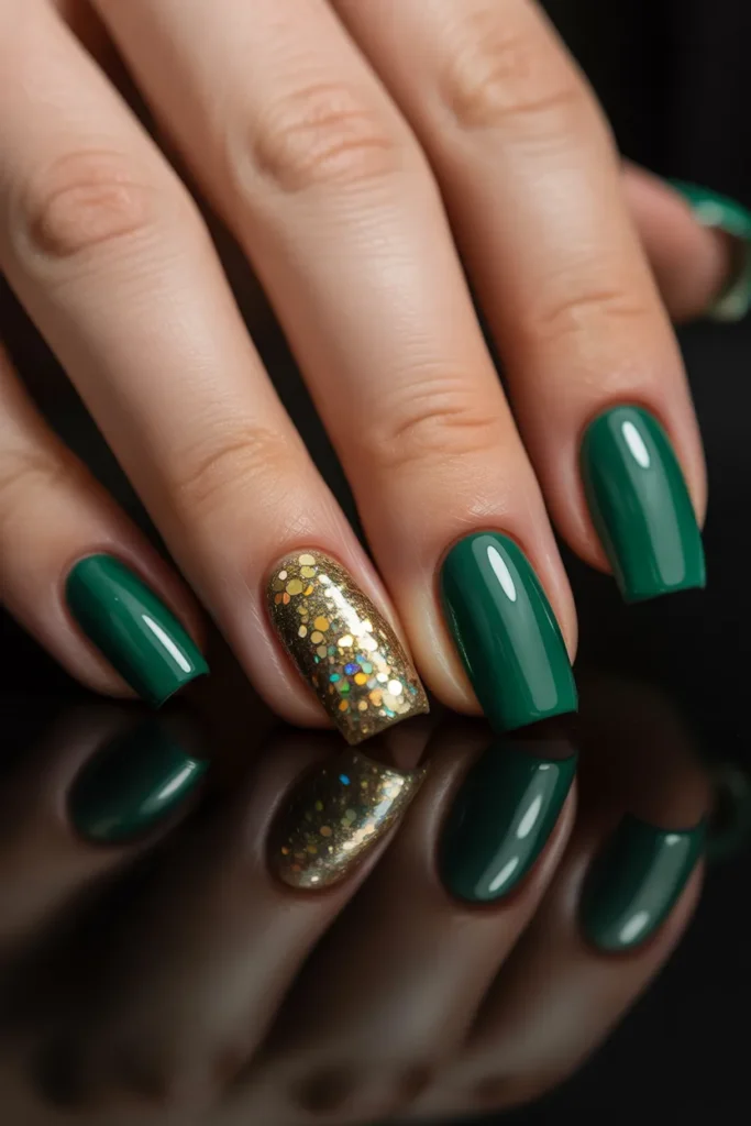 3. Gold Glitter Accent Nails with Green Base