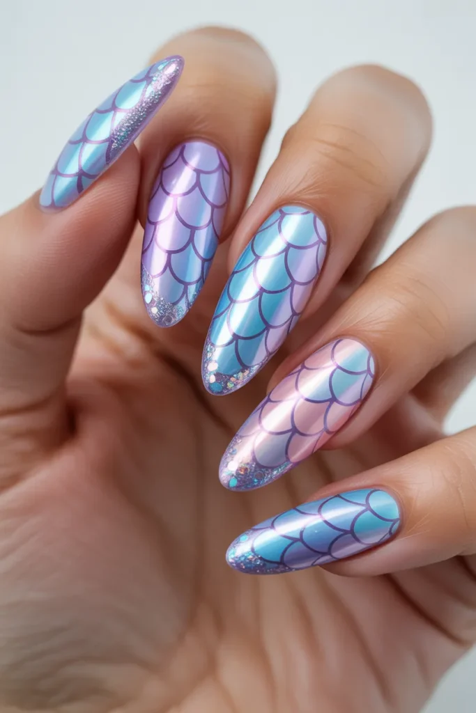 Close-up of mermaid scale nail art featuring pastel blue, purple, and pink shades with sparkling glitter accents, creating a dreamy fantasy-inspired manicure with a glossy, realistic finish.