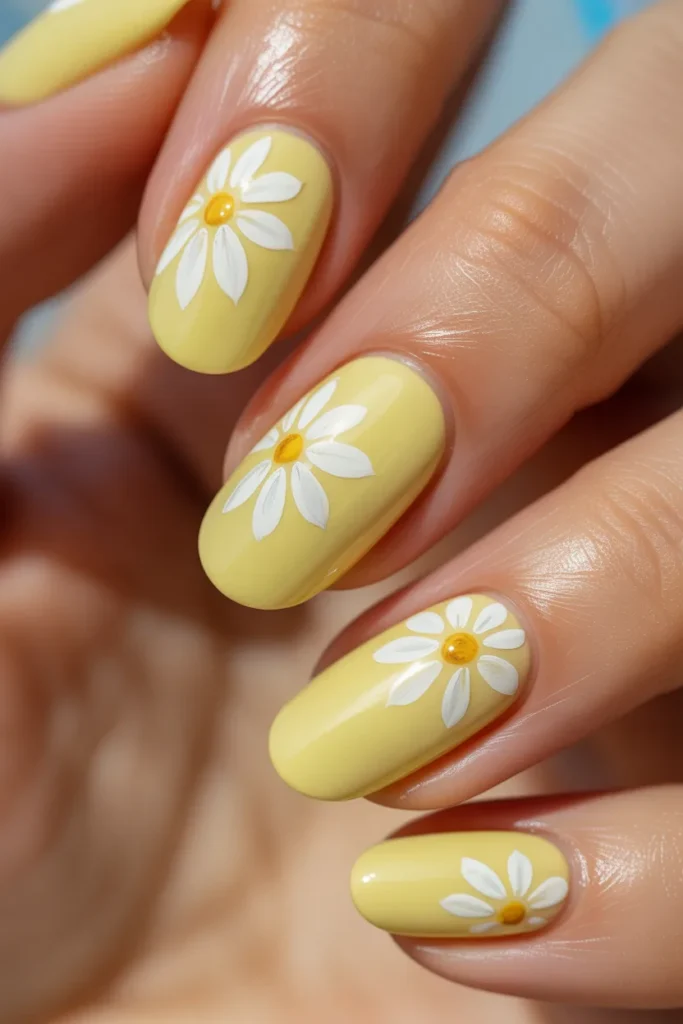 3. Pastel Yellow Daisy Nail Art