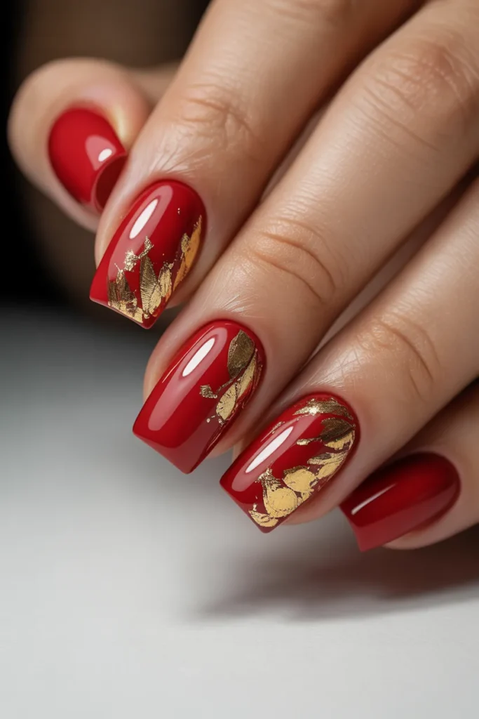 3. Red Square Nails with Gold Foil Accents