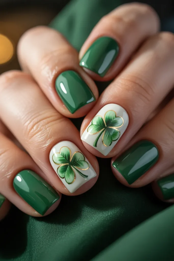 3. Shamrock Nail Art on Green Base