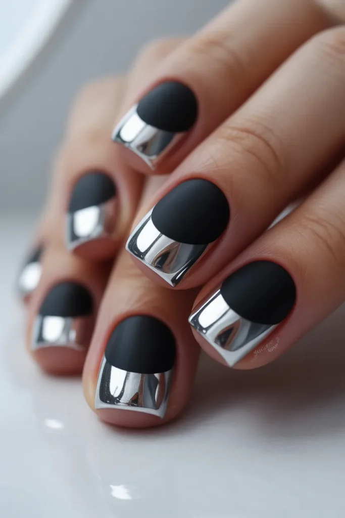 3. Short Black Acrylic Nails with Silver Chrome Tips