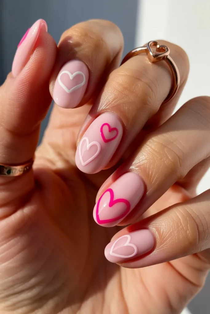 Medium oval nails with a soft pink gradient, decorated with white and hot pink solid and outline hearts, glossy finish, photographed in natural daylight with rose gold jewelry for a romantic Valentine’s aesthetic.