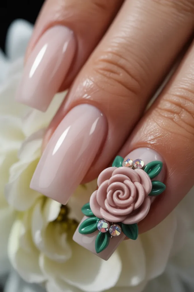 4. 3D Rose Accent Nails on Cream Base
