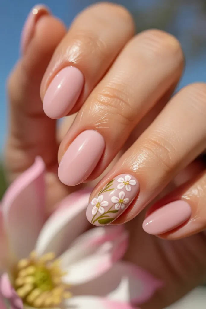 4. Baby Pink Nails with White Florals
