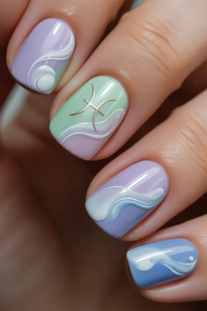 Pastel gradient nail art blending lavender, mint, and baby blue shades with soft cloud-like swirls and subtle Pisces zodiac symbols, creating a dreamy and realistic aesthetic manicure design.
