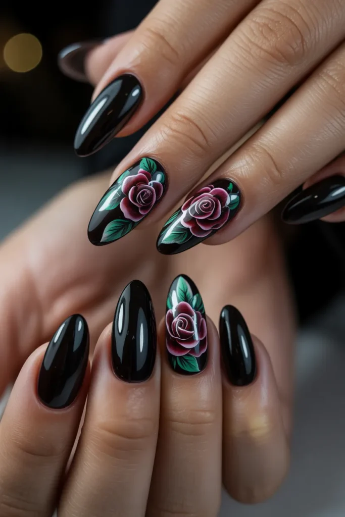 4. Long Black Almond Nails with Red Rose Nail Art
